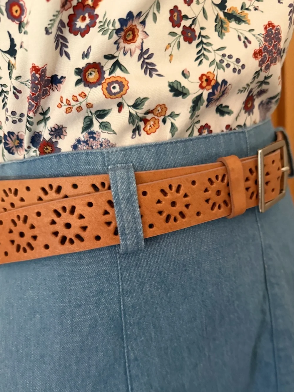 Y2K Floral Perforated Leather Belt Pink Cognac Boho Cottagecore Western